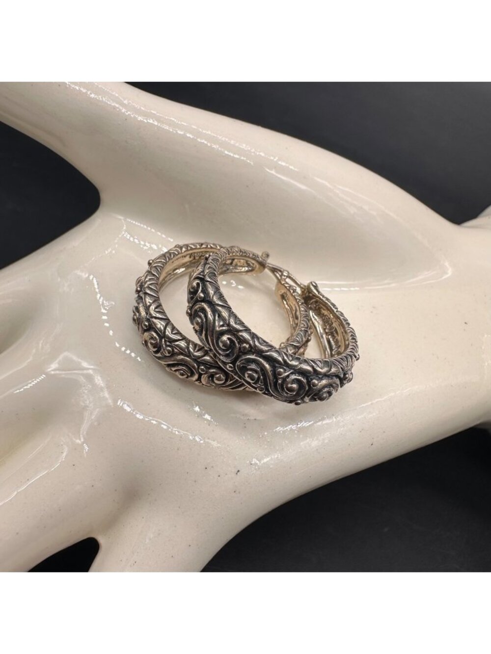 Barbara Bixby Sterling Silver Hoop Earrings Ornate Floral Swirl Boho Western